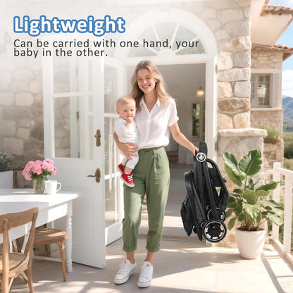 Rollingsurfer Lightweight Baby Stroller, Compact Travel Stroller with Retractable Foot Cover & Sleep Shade, One Hand Fold Stroller, Toddler Pushchair Adjustable Seat for Airplane 0-36 Months
