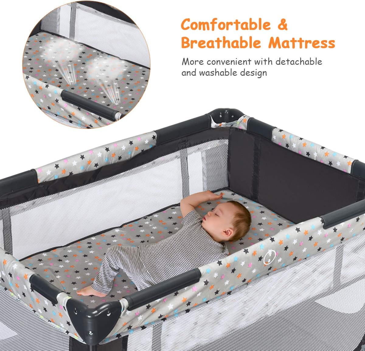 HONEY JOY Pack and Play, Foldable Baby Playard with Bassinet, Lightweight Installation-Free Travel Baby Crib from Newborn to Toddlers, Portable Nursery Center w/Lockable Wheels & Carry Bag(Gray)