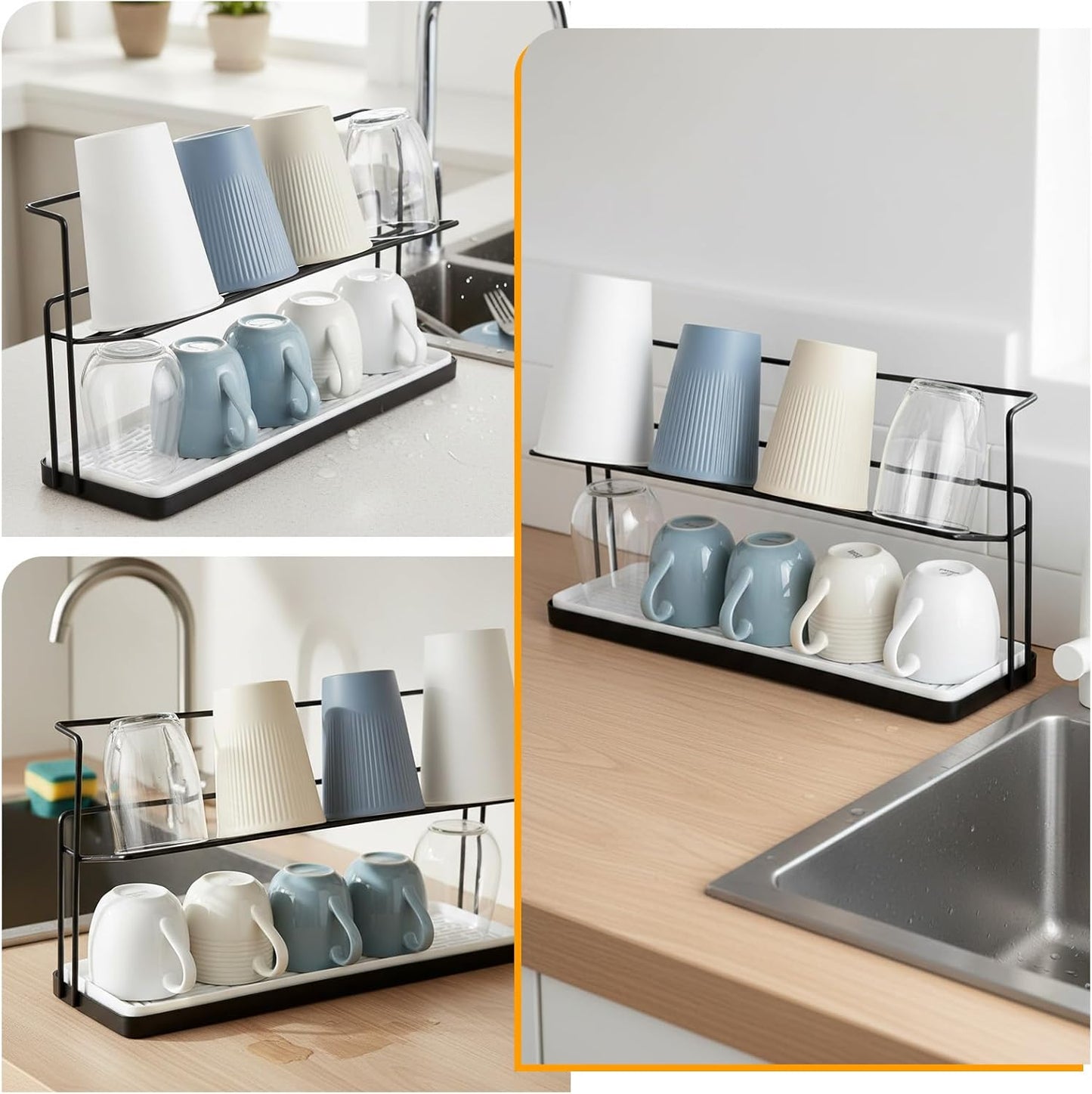 2-Tier Bottle Drying Rack Cup Cradle Storage with Drain Removable Tray Mug Organizer, Over Sink Instant Dry Small Dish Dryer for Kitchen Countertop Water Bottles and Tumblers,Coffee Mugs, Glasses,