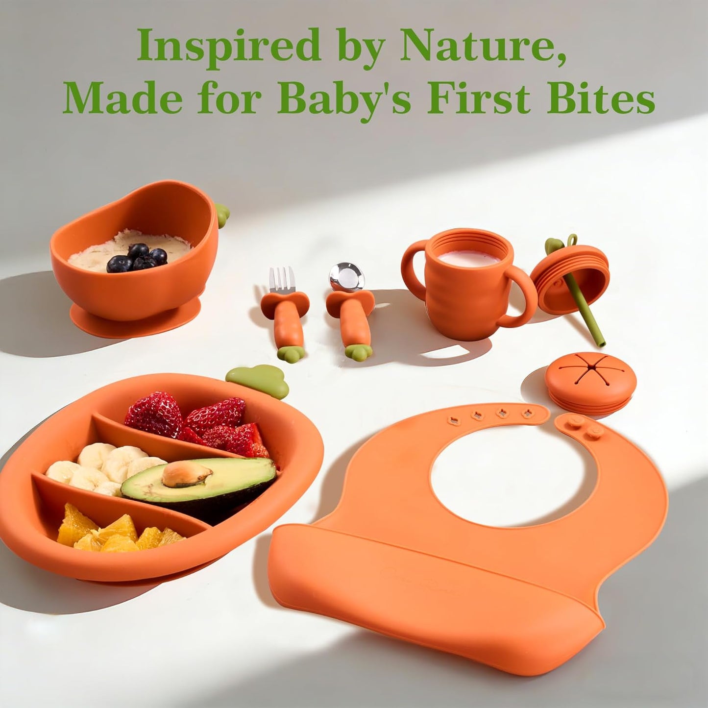 Carrot Shape Silicone Baby Feeding 6 Pack Set, 1 Suction Bowl & Plate, Bib, Spoon, Fork, Cup (Bowl with Spoon and Fork)