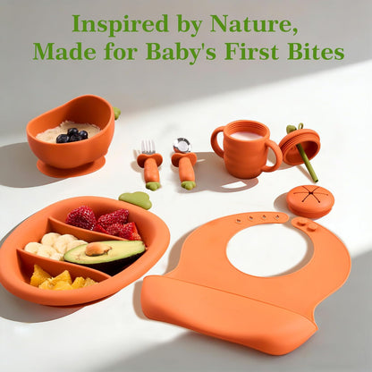Carrot Shape Silicone Baby Feeding 6 Pack Set, 1 Suction Bowl & Plate, Bib, Spoon, Fork, Cup (Bowl with Spoon and Fork)