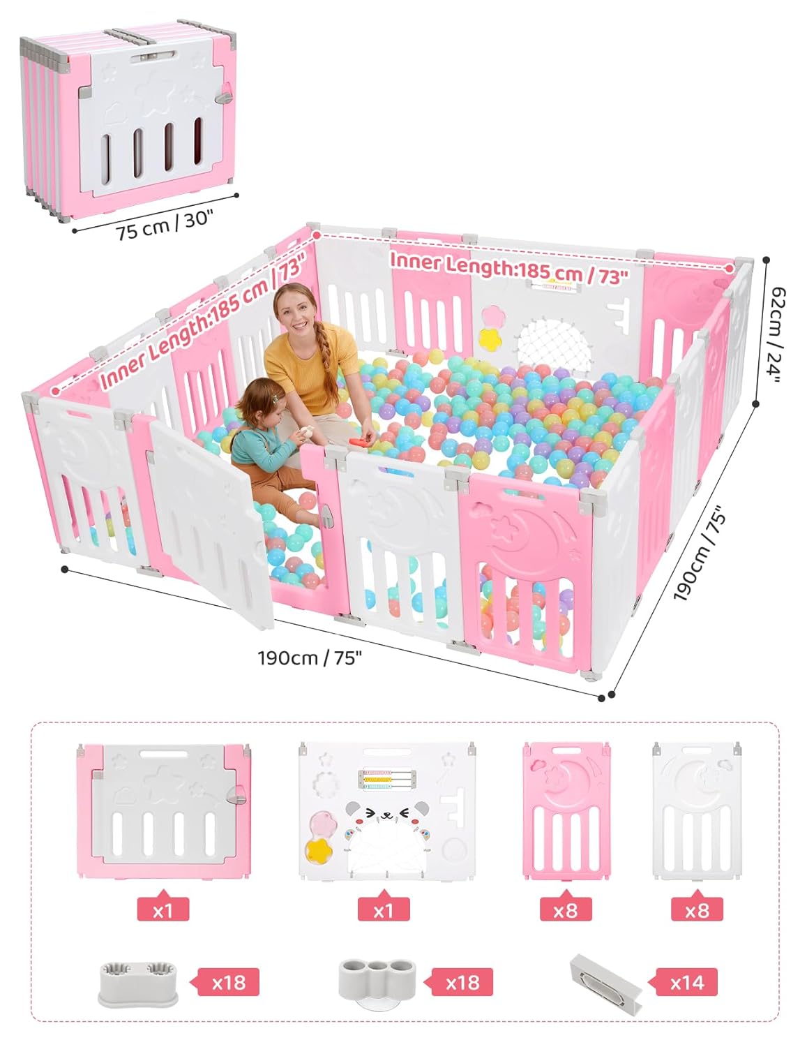 Baby Playpen, Dripex Baby Playard for Babies and Toddlers, 14-Panel Foldable Playpen Adjustable Portable Play Area, Indoor/Outdoor Kids Active Center with Game Panel & Safety Gate, Grey White