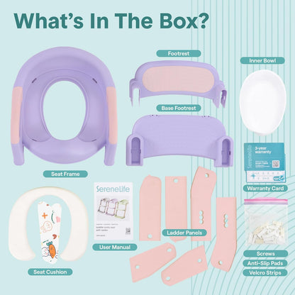 SereneLife 2-in-1 Potty Chair & Potty Training Seat with Step Stool Ladder - Height Adjustable Kids/Toddler Toilet Seat with Stable Anti-Slip Design, Cushioned Seat & Splash Guard For Boys Girls