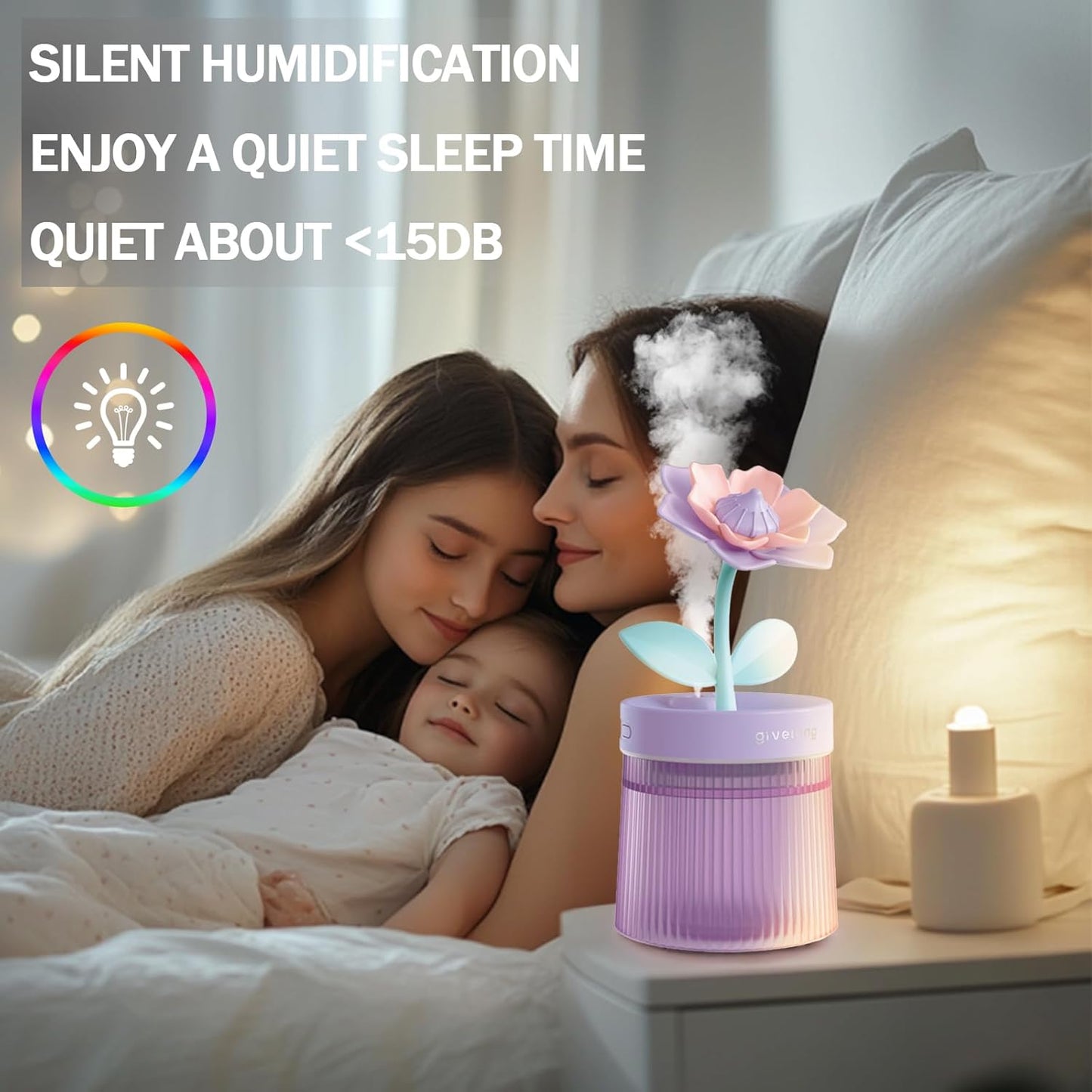 Cute Mini Humidifier 320mL Cool Mist Humidifie mute with 2 Mist Modes,for Home/Nursery/Office,Portable Mini Air Moisturizer,rechargeable mini humidifier(Gardenia pink)