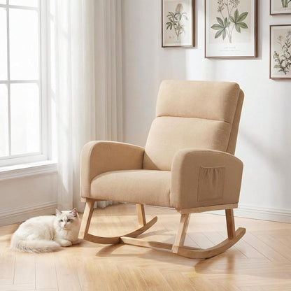 Rocking Chair Nursery - Glider Modern Accent Chairs Upholstered Nursing Rocker Padded Armchair for Indoor Living Room Bedroom Beige