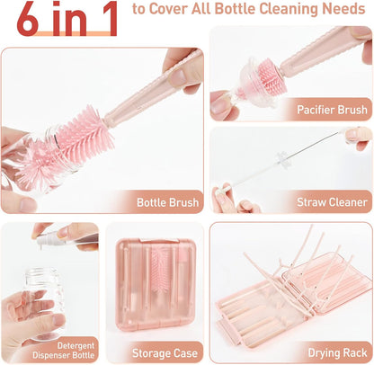 Baby Bottle Brush Set, 6-in-1 Travel Bottle Cleaner Kit with Silicone Bottle Brush, Nipple & Straw Brush, Soap Dispenser, Drying Rack, Storage Box – Compact Baby Travel Essential for Home & On-The-Go