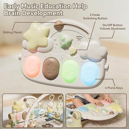 Baby Play Gym Mat - Funny Play Piano Activity Playmat with 5 Infant Learning Detachable Toys for Sensory Development, Music and Lights Tummy Time Mat Newborns Gifts for 0-12 Months