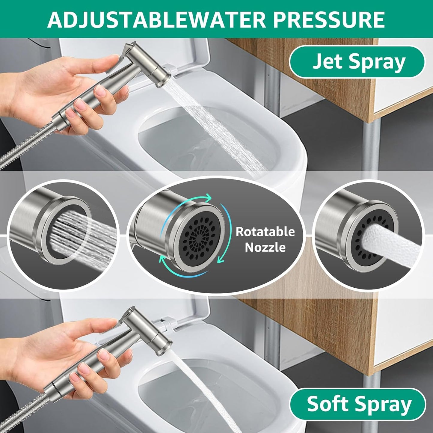 Handheld Bidet Sprayer for Toilet Brushed Nickel with Leakproof Hose,Stainless Steel Cloth Diaper Sprayer,Adjustable Water Pressure,Dual Mode Wall/Toilet Mount Jet Spray for Baby Feminine Senior Wash