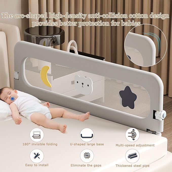 Bed Rail for Toddlers, Foldable Baby Bed Rail Guard, Adjustable, Safety, Convenient, Guard Rails with Twin, Full, Queen& King Size (Gray Cartoon, 1 Side:59inch)