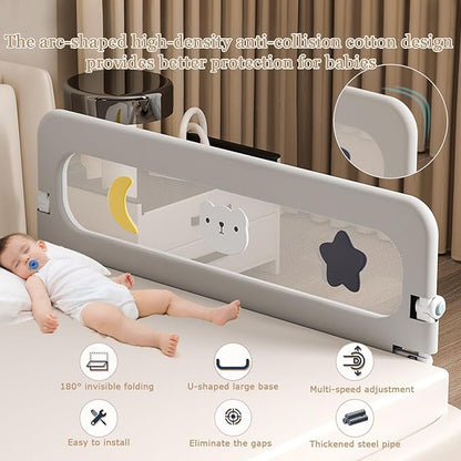 Bed Rail for Toddlers, Foldable Baby Bed Rail Guard, Adjustable, Safety, Convenient, Guard Rails with Twin, Full, Queen& King Size (Gray Cartoon, 1 Side:48inch)