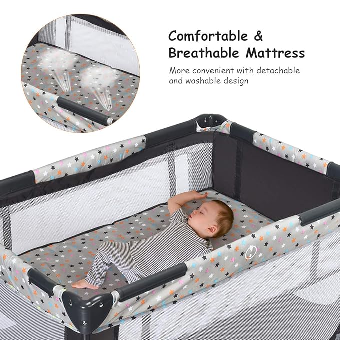 BABY JOY Pack and Play with Bassinet, Portable Playard for Baby, Double Layer Foldable Baby Playpen with Mattress, Lightweight Travel Crib with Bassinet & Carry Bag from Newborn to Toddlers