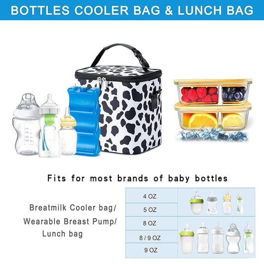Breastmilk Cooler Bag with Ice Pack Fits 6 Baby Bottles Up to 9 Ounce, Baby Bottle Bag with Shoulder Strap for Nursing Mom Daycare, Cow