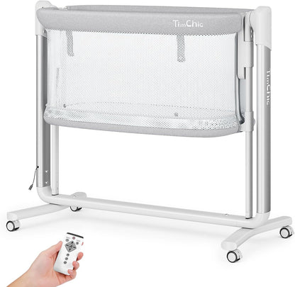 Electric Baby Bassinet, 7 Height Adjustable Rocking Bassinet for Baby, Auto Infant Sleeper with Timer, 12 Lullabies, Wheels, Smart Rocking Crib for Newborns, Beige