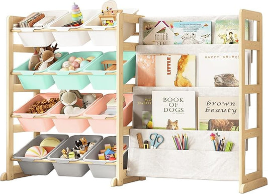 EXPERLAM Toy Storage Organizer with Bookshelf - 12 Storage Bins 4-Tier Multipurpose Shelf to Organize Toys and Books for Kids Room, Playroom, Nursery Room, Multi-Color