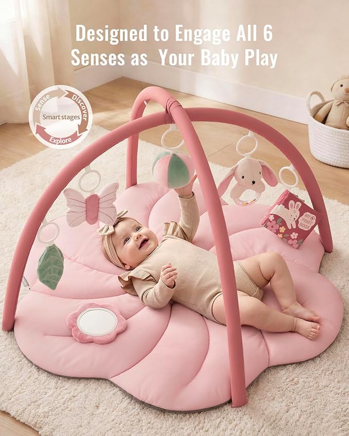 Blissful Diary Baby Play Gym Mat, Tummy Time with 6 Detachable Toys for Sensory & Motor Skill Development, Baby Activity Mat for Girl Boy Newborn Essentials Shower Gift, Pink Floral