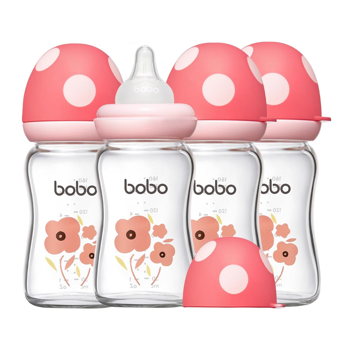 YOHKOH Natural Glass Baby Bottle with Level 1 Slow Flow Nipple, Newborn Anti-Colic Baby Bottles, Wide Neck Mushroom Baby Glass Bottle (Multicolour-A, 3.4oz (Pack of 4))