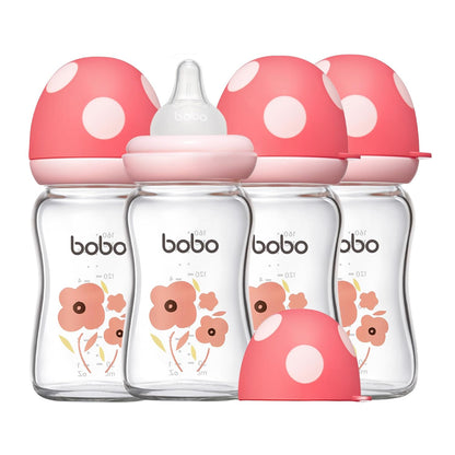 YOHKOH Natural Glass Baby Bottle with Level 1 Slow Flow Nipple, Newborn Anti-Colic Baby Bottles, Wide Neck Mushroom Baby Glass Bottle (Multicolour-A, 3.4oz (Pack of 4))