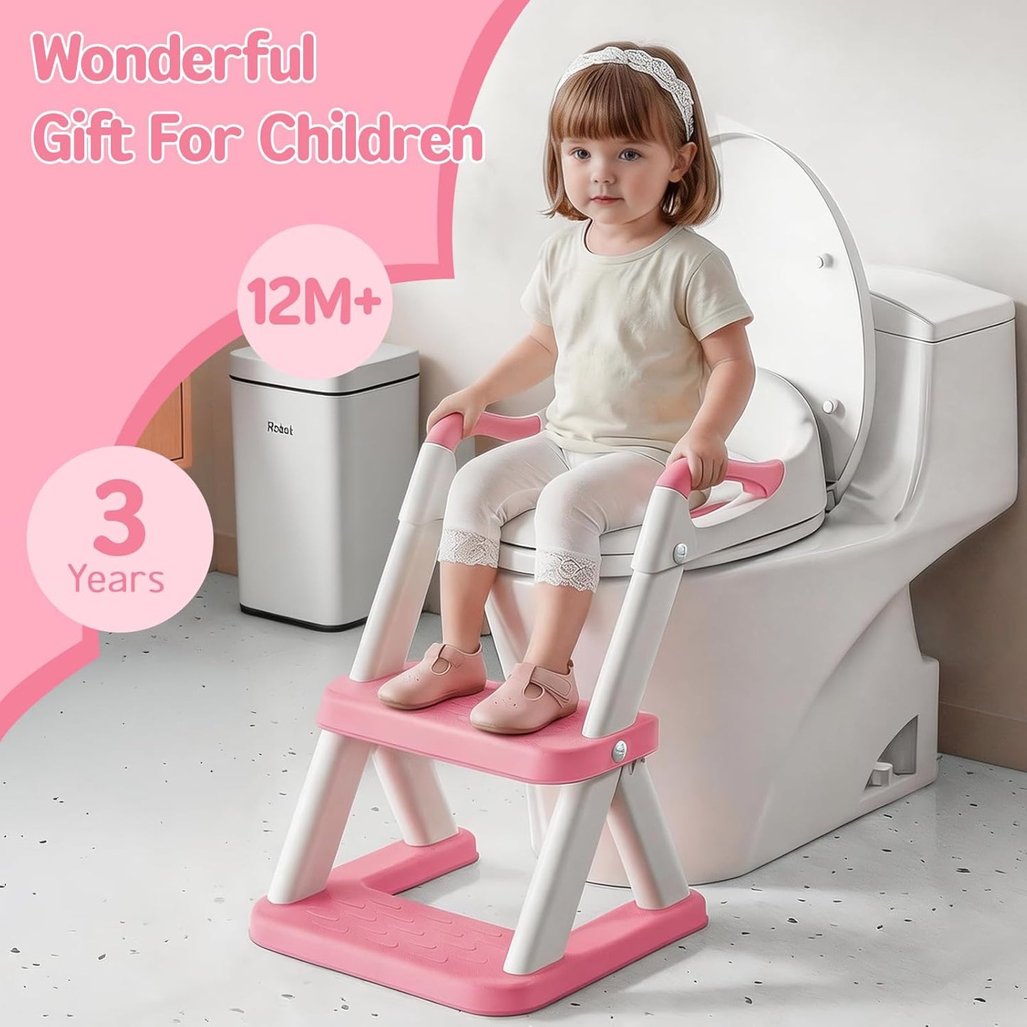 Potty Training Toilet Seat with Steps, 2-in-1 Toddler Toilet Seat for Boys Girls with Splash Guard Soft Anti-Slip Pad,Grey