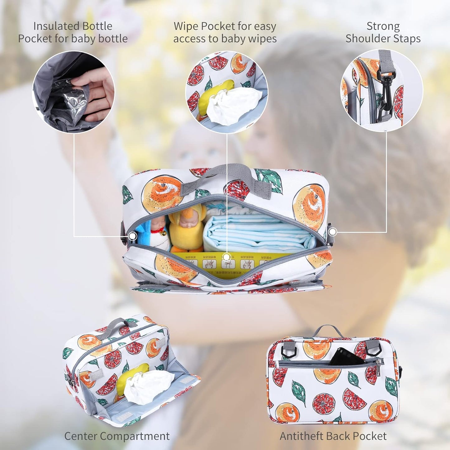 GOGOSO Baby Stroller Organizer Bag with Insulated Pocket, Universal Fit Most Strollers, Space for Diapers, Wipes & Toys, Flowers