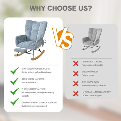 Rocking Chair Nursery with Airbag, Comfy Modern Nursery Rocking Reading Chair indoor with Footrest, Cozy Upholstered Glider Rocker Chairs for Living Room Bedroom Offices(Chenille, Dark Grey)
