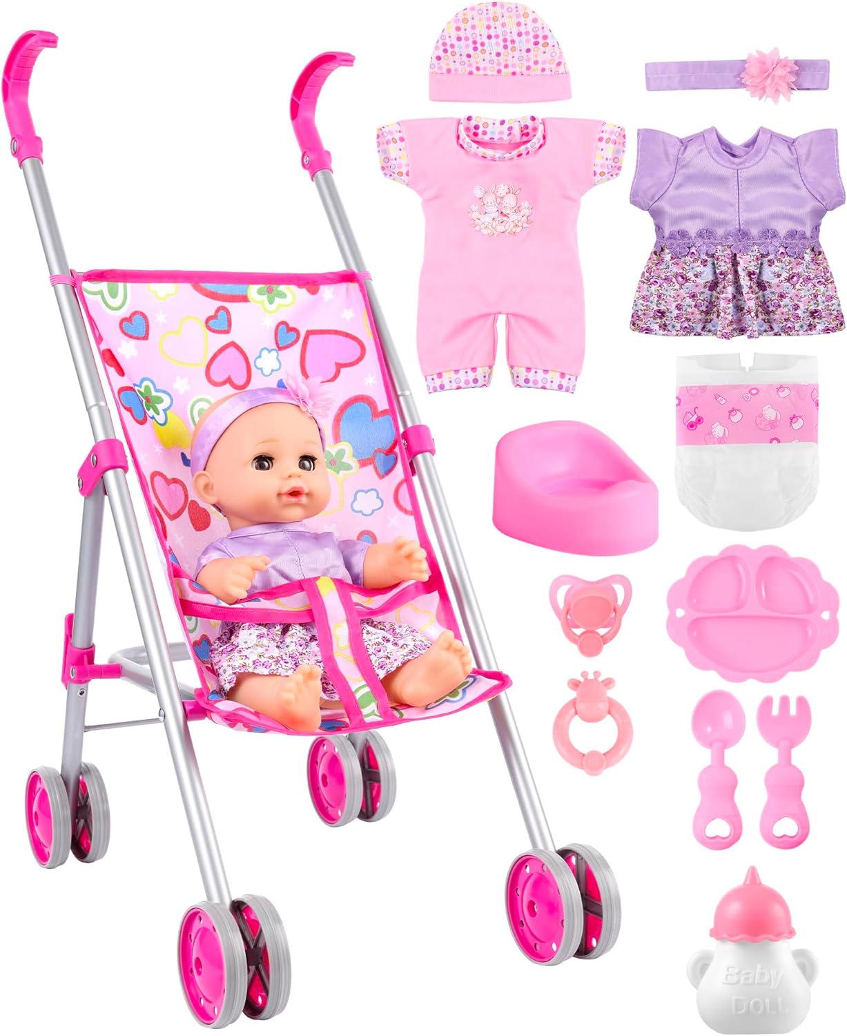 GAGAKU Baby Doll Stroller for Toddlers, Foldable Toy Stroller with Storage Basket and Bag, Diapers - Reborn Doll Accessories for Girls & Kids Ages 3+, Pink