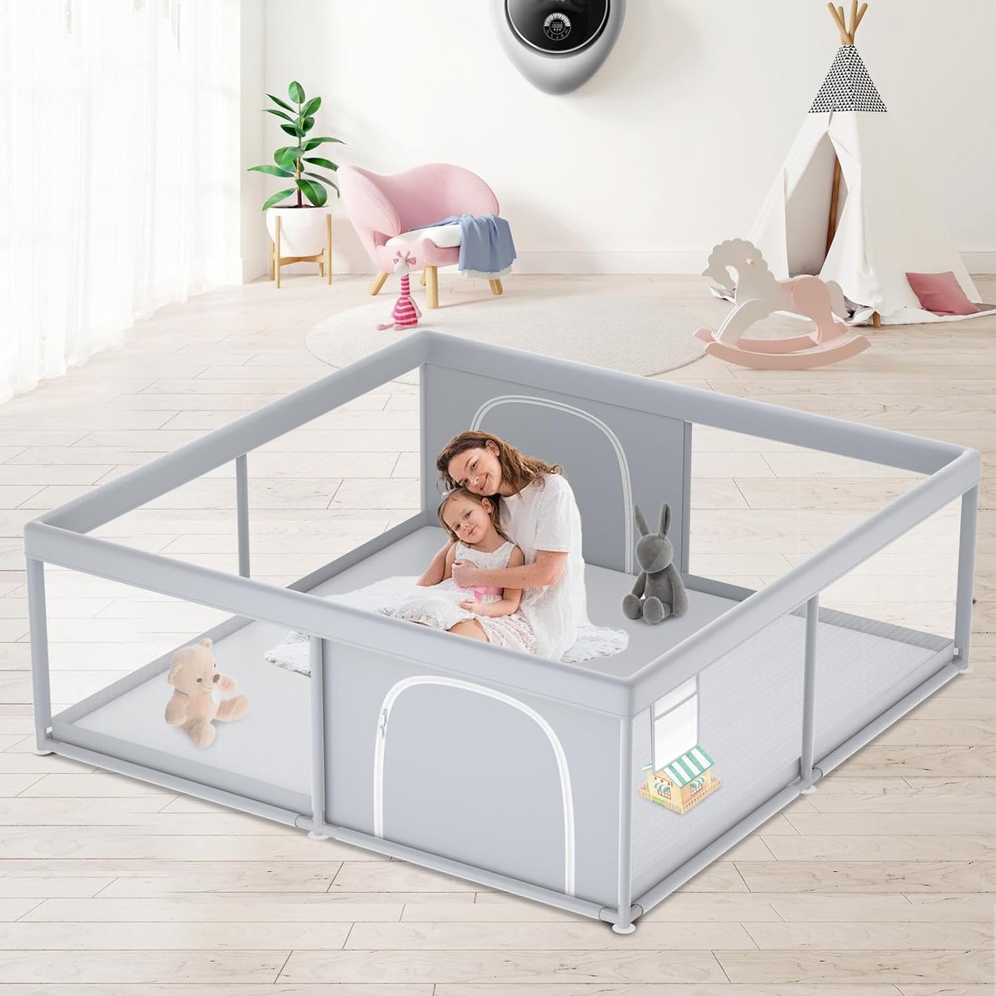 XVISHX 65 x 50 Inch Baby Playpen, Playpen for Babies and Toddlers, Baby Play Pen Playard for Indoor & Outdoor Active Center Game Fence, with Skin-Friendly Fabric and Soft Breathable Mesh, Grey
