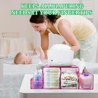 NANYEZH Acrylic Diaper Caddy, Baby Wipes Organizer for Changing Table, Dresser Top Tabletop Organizer with 4 Detachable Compartments, Anti-slip Rubber Feet, Newborn Baby Essentials, Clear