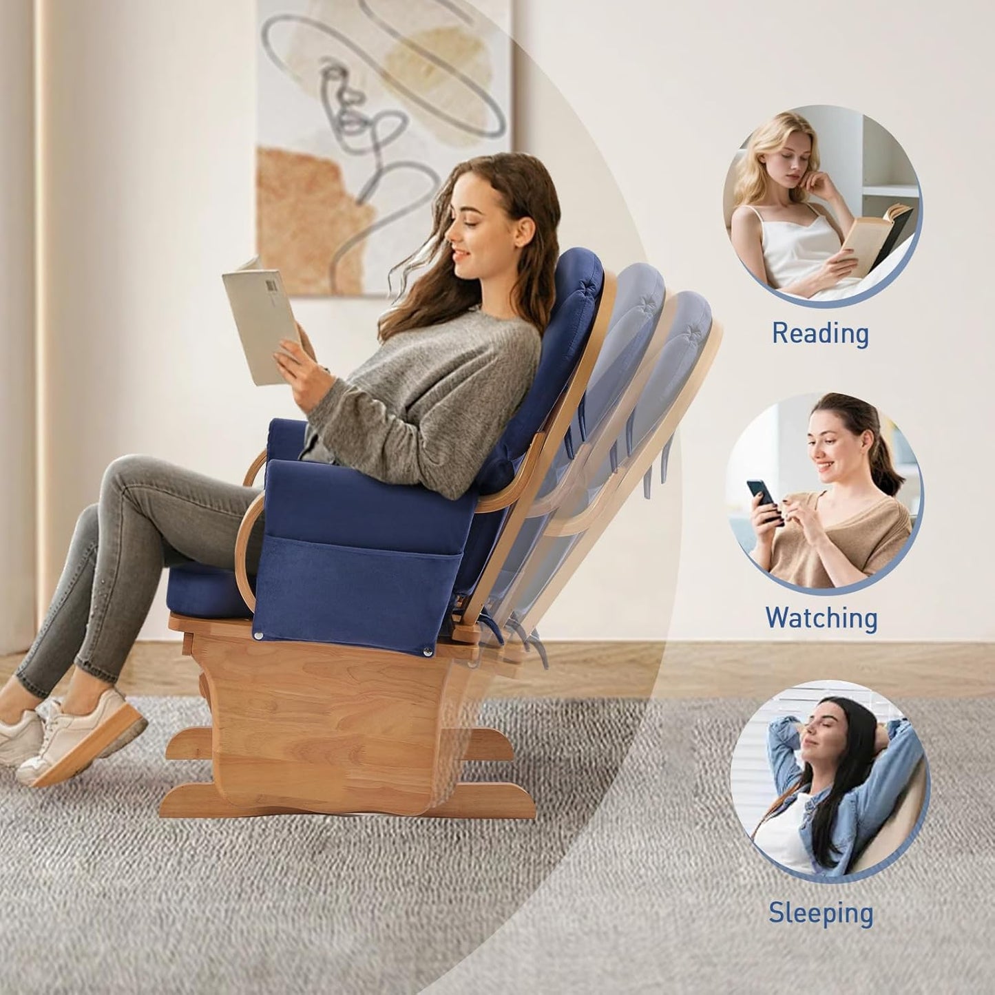 Rubber Wood Gliding Rocking Chair for Nursery, Rocking Chair Glider Rocker with Arm Rest, Padded Cushion for Living Room Bedroom Reading Room, 280lbs Weight Capacity, Blue