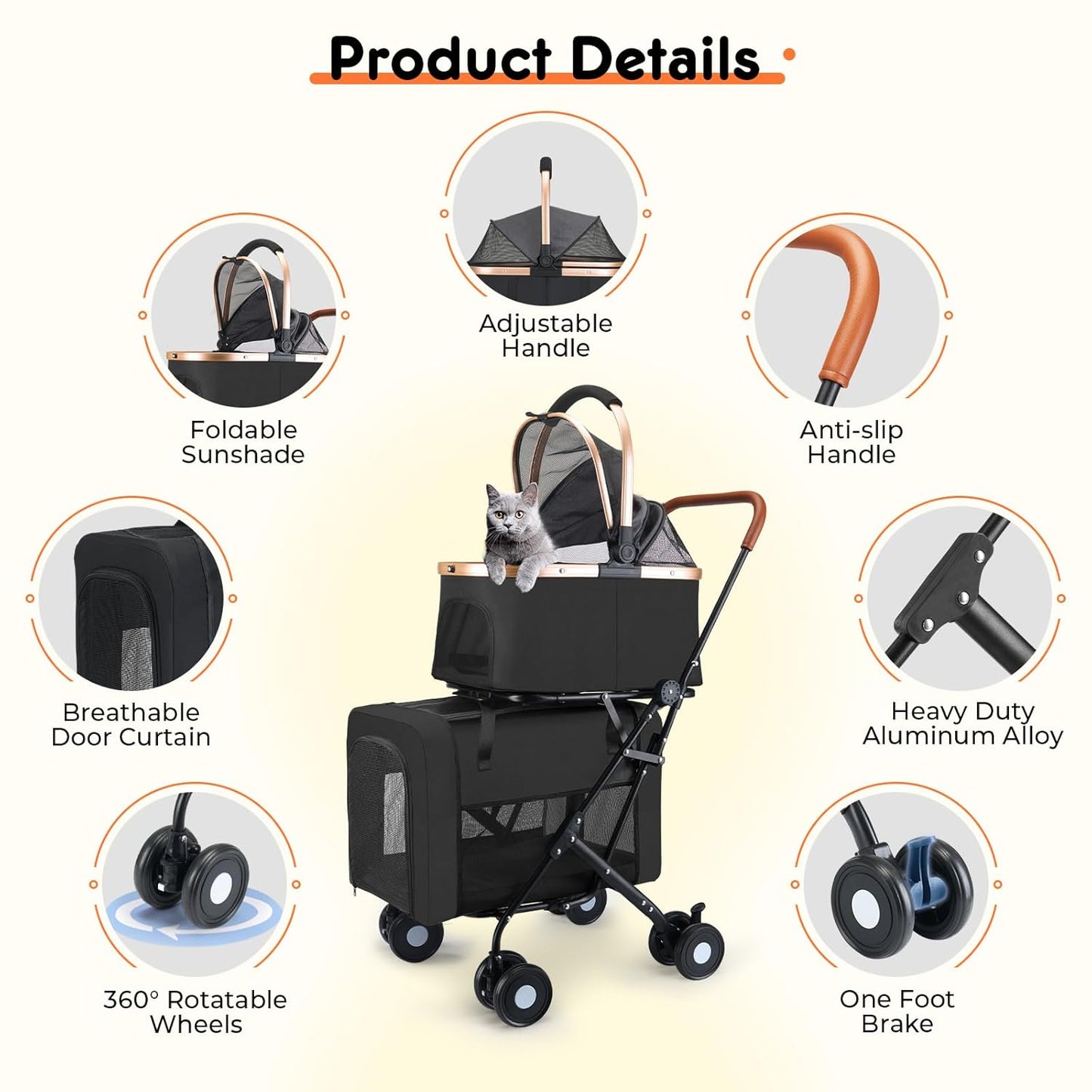 Double Pet Stroller for Small Medium Dogs - 4 In1 Dog Stroller for 2 Pets, Detachable and Foldable with 360°Rotating Wheels, Easy Assembly and Compact Size