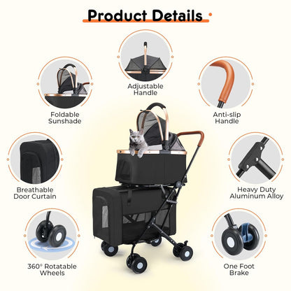 Double Pet Stroller for Small Medium Dogs - 4 In1 Dog Stroller for 2 Pets, Detachable and Foldable with 360°Rotating Wheels, Easy Assembly and Compact Size