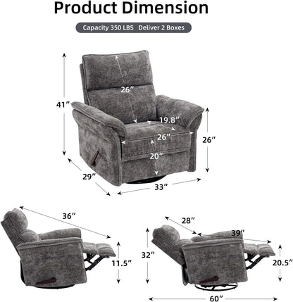 Oversized Glider Rocker Recliner, 26" Extra Wide 360° Swivel Nursery Recliner with Adjustable Headrest, Chenille Rocking Nursery Chair with Overstuffed Armrest, Lumbar Support, Light Grey
