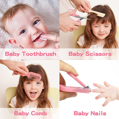 Baby Grooming Kit, Infant Safety Care Set with Hair Brush Comb Nail Clipper Nasal Aspirator,Baby Essentials Kit for Newborn Girls Boys (Grey White)