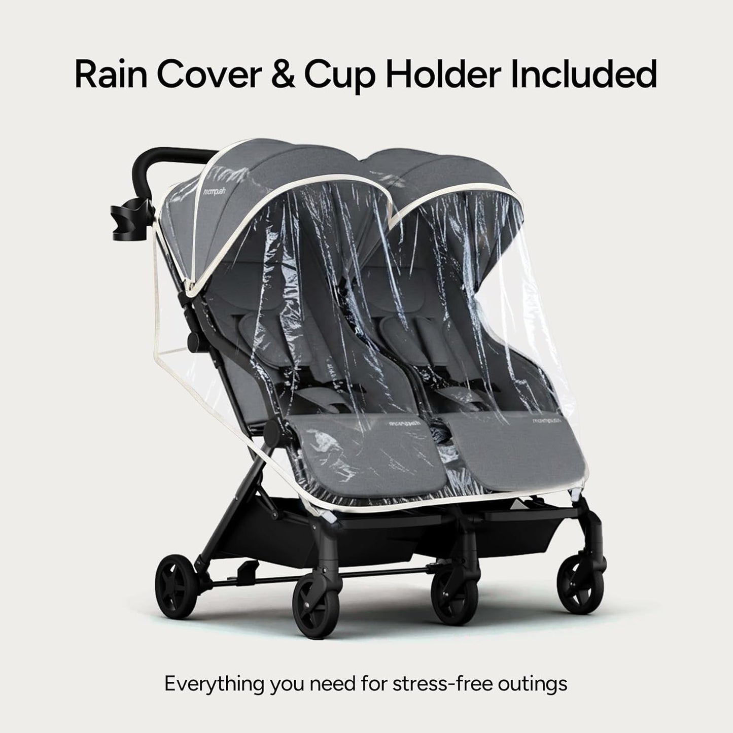 Mompush Lithe Double Stroller for Infant and Toddler, Lightweight Side by Side Twin Stroller, Only 25 lbs, 30-Inch Slim Fit Through Doorways, One-Step Fold, Independent Recline, UPF 50+ Canopy
