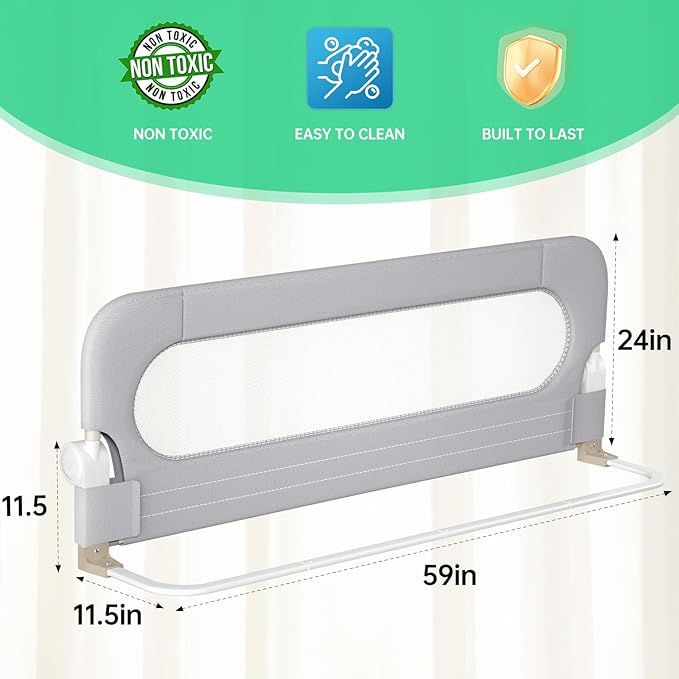 UPGOGO Folding Bed Rail for Toddlers,Baby Bed Rail Guard with Reinforced Anchor Safety System,Fit Bunk,Full Size,Queen,King,Twin(Grey,59"x23.6")