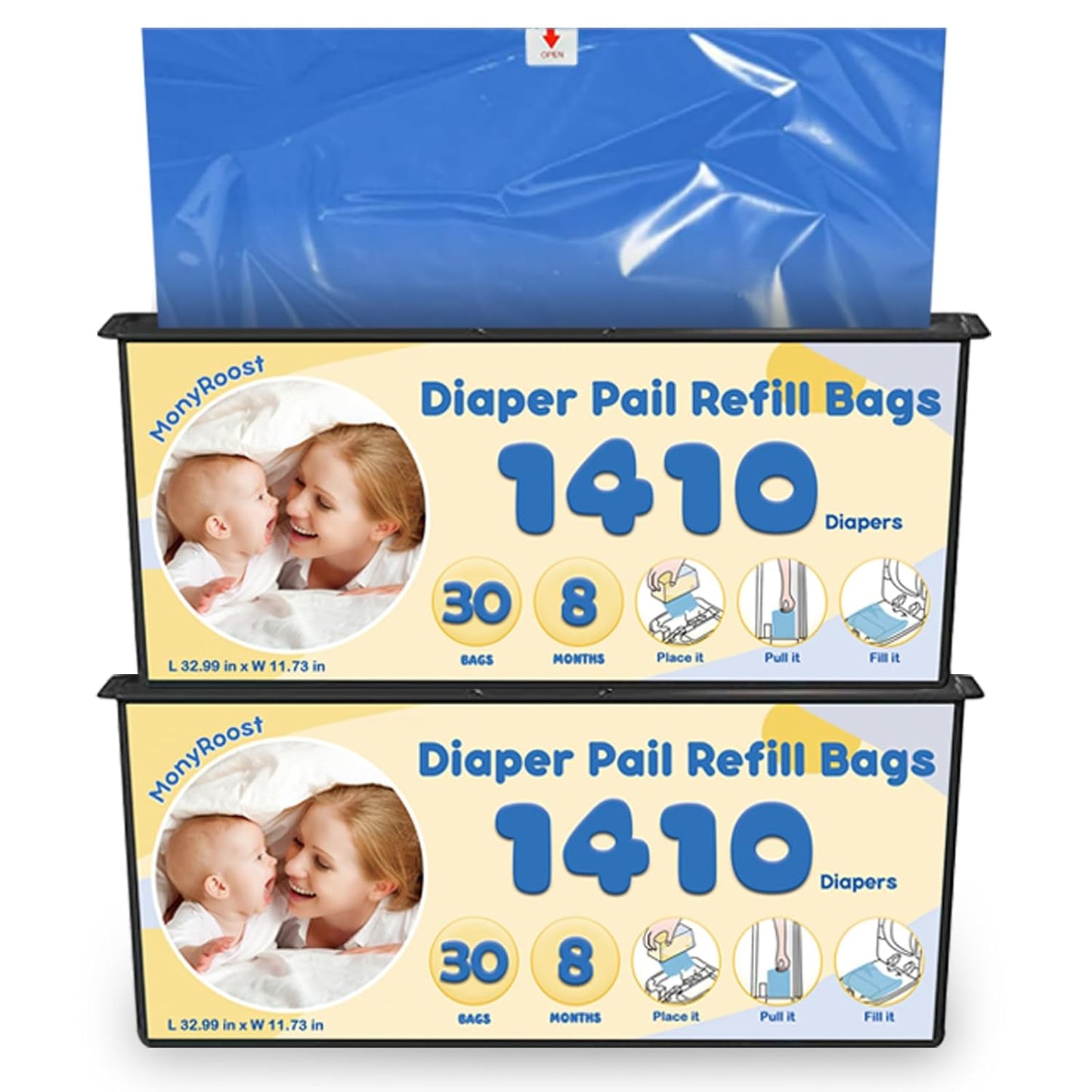 Diaper Pail Refills Bags Compatible with Genie Easy Roll Signature & Platinum Diaper Pails | Holds Up to 1410 Newborn Diapers Per Refill | 7 Layer Odor Barrier Technology, 2Pack(60 Bags)