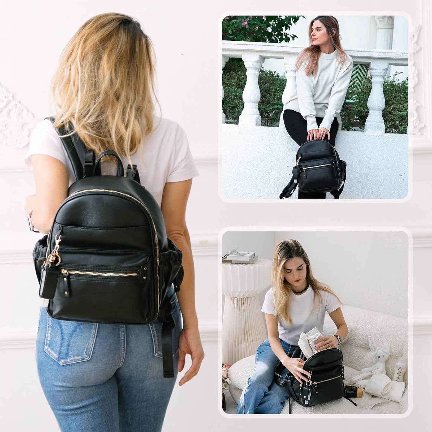 miss fong Small Diaper Bag Mini Diaper Bag Backpack Mini Backpack with 11 Pockets Baby Diaper Bag with Hand Sanitizer Holder, 2 Insulated Pockets-BALCK