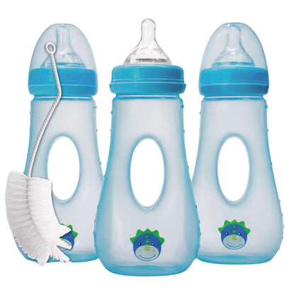 Avima Easy Grip Anti Colic Baby Bottles, BPA Free, 8 oz. Wide Neck w/Medium Flow Silicone Nipples & Bottle Brush Pink Set (Pack of 3)