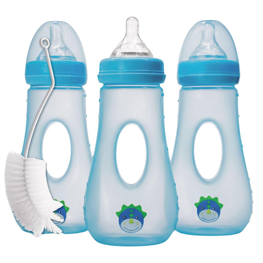 Avima Easy Grip Anti Colic Baby Bottles, BPA Free, 8 oz. Wide Neck w/Medium Flow Silicone Nipples & Bottle Brush Pink Set (Pack of 3)