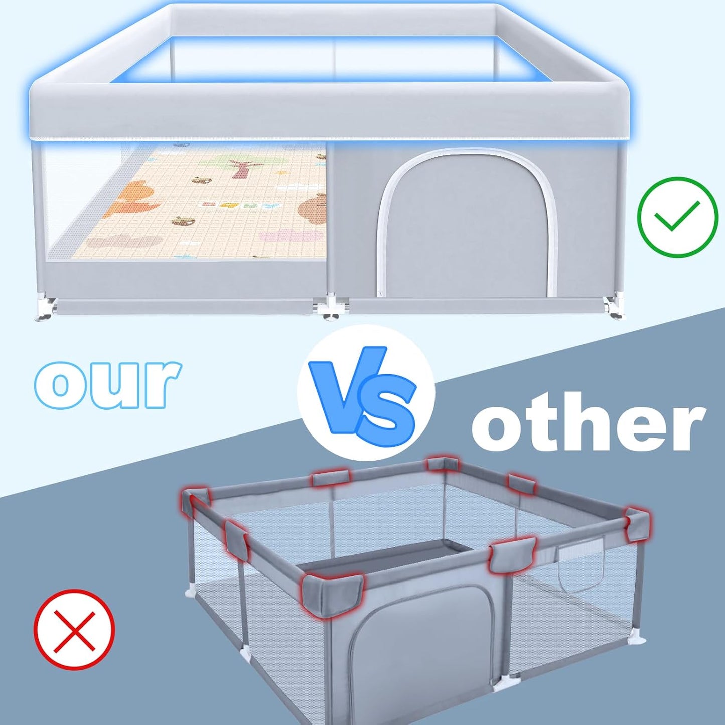 XVISHX Baby Playpen 50 x 50 Inch Play Pen Playards, Playpen for Babies and Toddlers, Baby Playard for Indoor & Outdoor Active Center Game Fence, with Skin-Friendly Fabric and Soft Breathable Mesh Grey