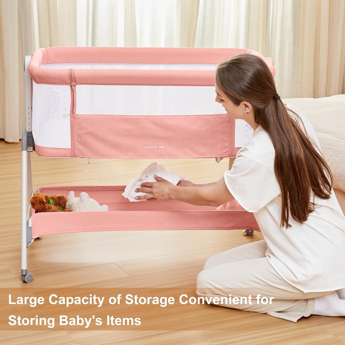 ANGELBLISS Baby Bassinet Bedside Crib with Storage Basket and Wheels, Easy Folding Bed Side Sleeper Adjustable Height Portable Crib for Newborn (Pink)