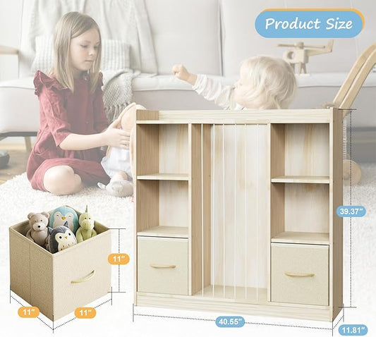 EXPERLAM Toy Storage Organizer with Stuffed Animal Storage, Wooden Toy Organizer & Stuffed Animal Zoo, 6 Cubes Shelf with Removable Drawers, 4 -in-1 Book Shelf for Kids Room, Playroom, Nursery