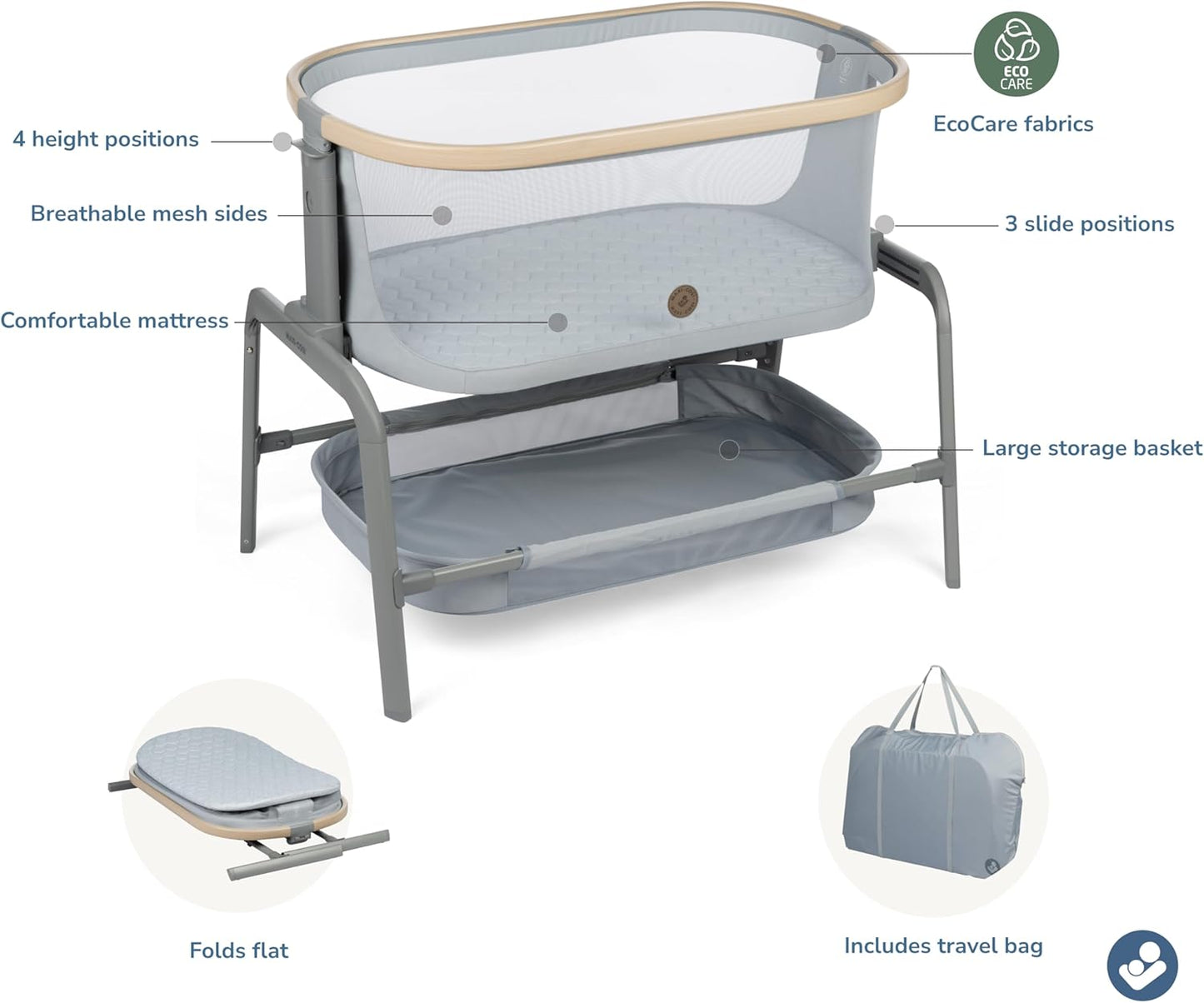 Maxi-Cosi Iora Baby Bassinets Bedside Sleeper, Portable Bassinet, Infant Bedside Sleeper Crib, Height Adjustable, Breathable Mesh, Large Storage Basket, Truffle