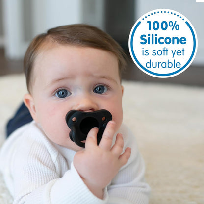 Dr. Brown's HappyPaci 100% Silicone Baby Pacifier, Contoured One-Piece Design, Black/Gray/White, 0-6m, BPA-Free, 4-Pack