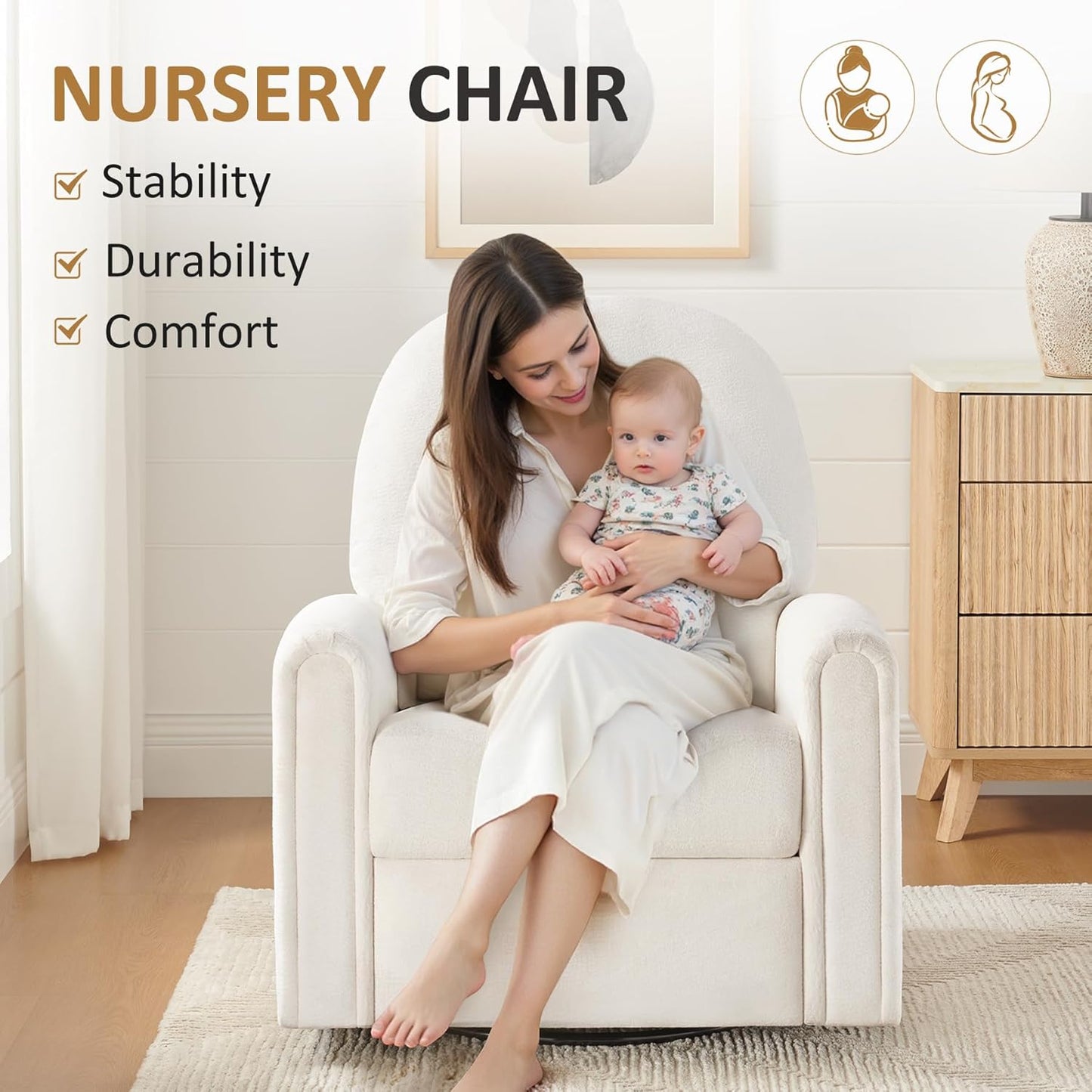 VANOMi 360 Swivel Rocker Recliner Chair, Nursery Rocking Chair with Tufted Backrest, Manual Recliner Chairs for Small Spaces, Upholstered Glider Nursing Chair for Living Room, Bedroom (White)