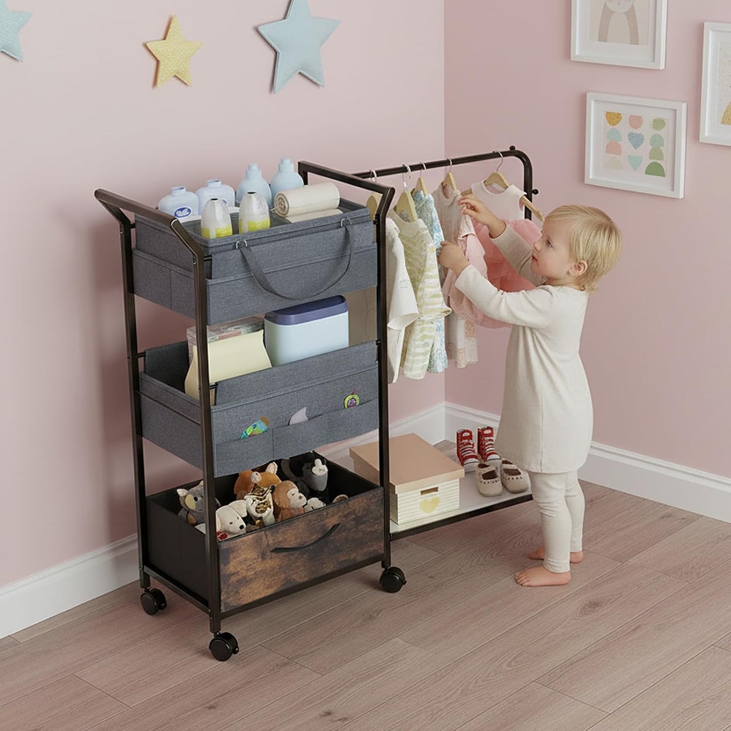 Baby Diaper Caddy Organizer - 3 Tier Rolling Cart with Kids Clothing Rack, Mobile Utility Cart with Dividers and Drawers, Large Capacity Storage Cart for Bedroom, Bathroom, Carts with Wheels