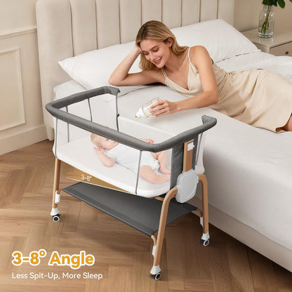 Bassinet Bedside Sleeper, Bedside Bassinet for Newborn, Baby Bassinet with 5 Adjustable Height, Rocking Bassinet with Wheels, Breathable Mesh & Mattress, Easy Folding Portable Bedside Crib（Dark Gray)