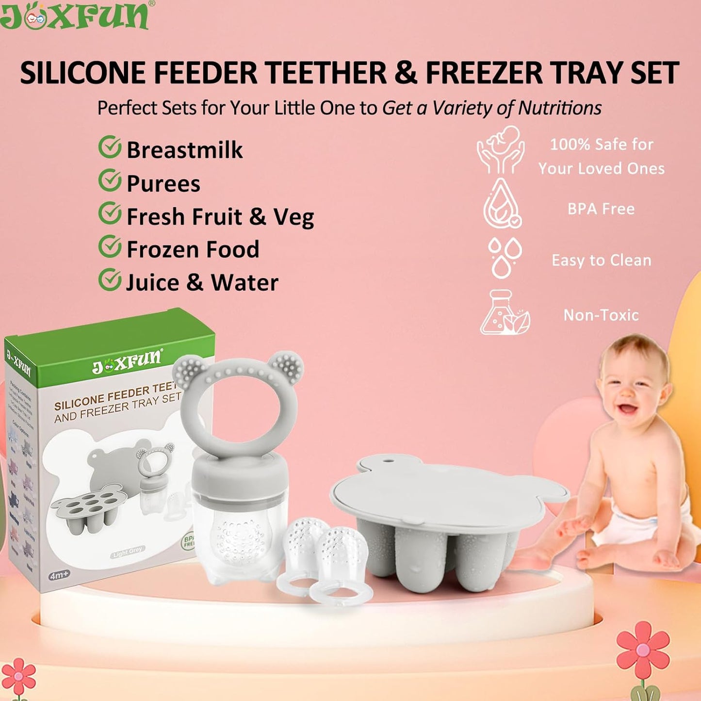 Silicone Baby Fruit Food Feeder & Mini Freezer Nibble Tray, Breastmilk Popsicle Molds for Baby Teething Relief, BPA Free Silicone Teething Toys Feeder for Safe Infant Self Feeding, Extra Food Pouches