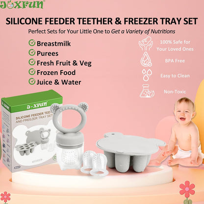 Silicone Baby Fruit Food Feeder & Mini Freezer Nibble Tray, Breastmilk Popsicle Molds for Baby Teething Relief, BPA Free Silicone Teething Toys Feeder for Safe Infant Self Feeding, Extra Food Pouches