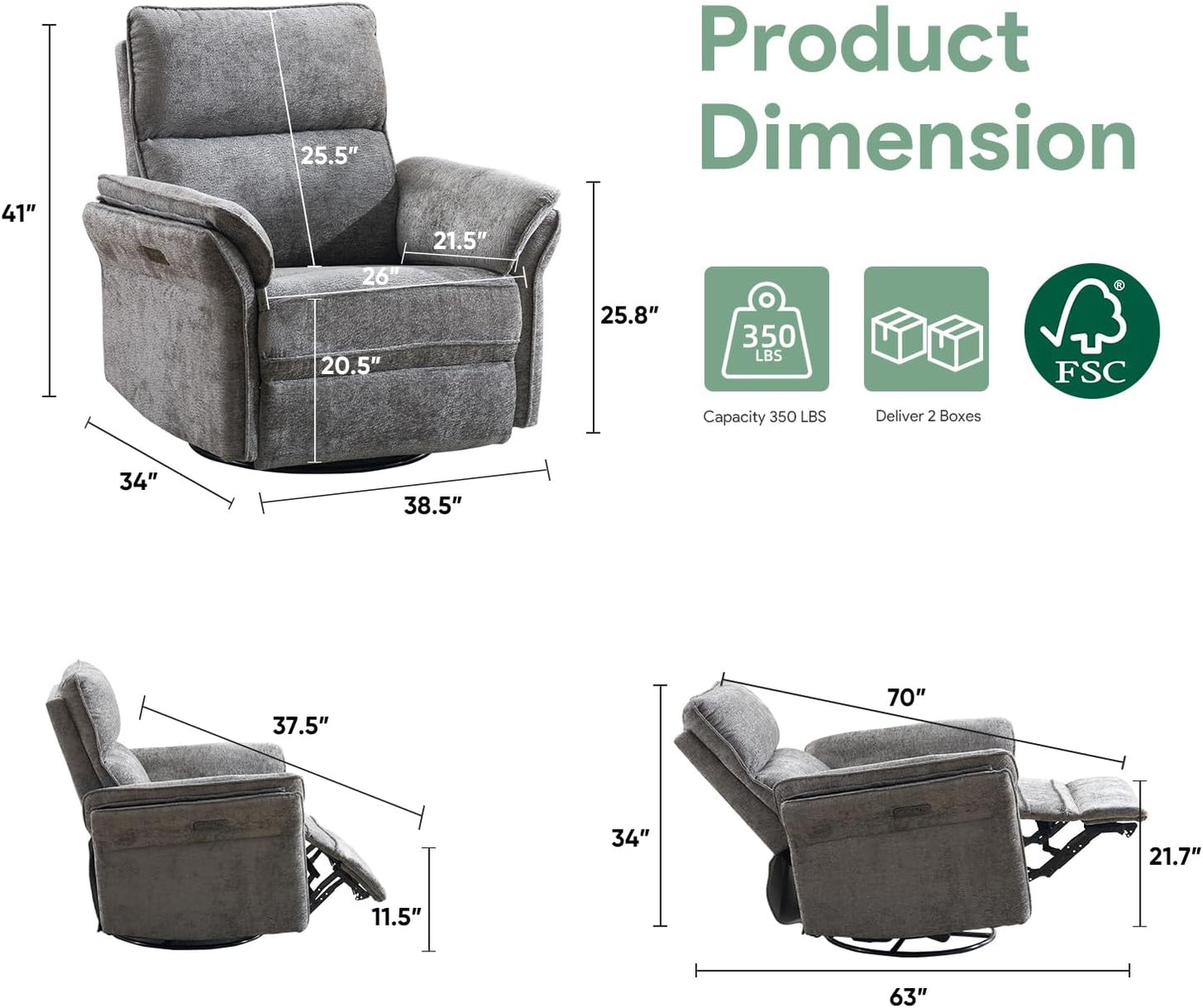 Oversized Swivel Rocker Recliner with Adjustable Headrest, Rocking Chair Nursery with Overstuffed Armrest, Manual Rocker Recliner Nursery Chair for Living Room, White