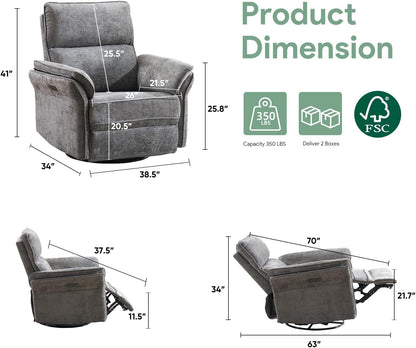 Oversized Swivel Rocker Recliner with Adjustable Headrest, Rocking Chair Nursery with Overstuffed Armrest, Manual Rocker Recliner Nursery Chair for Living Room, White